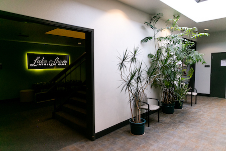 Hallway with large plants and backlit logo sign. Natural light shining through skylights.