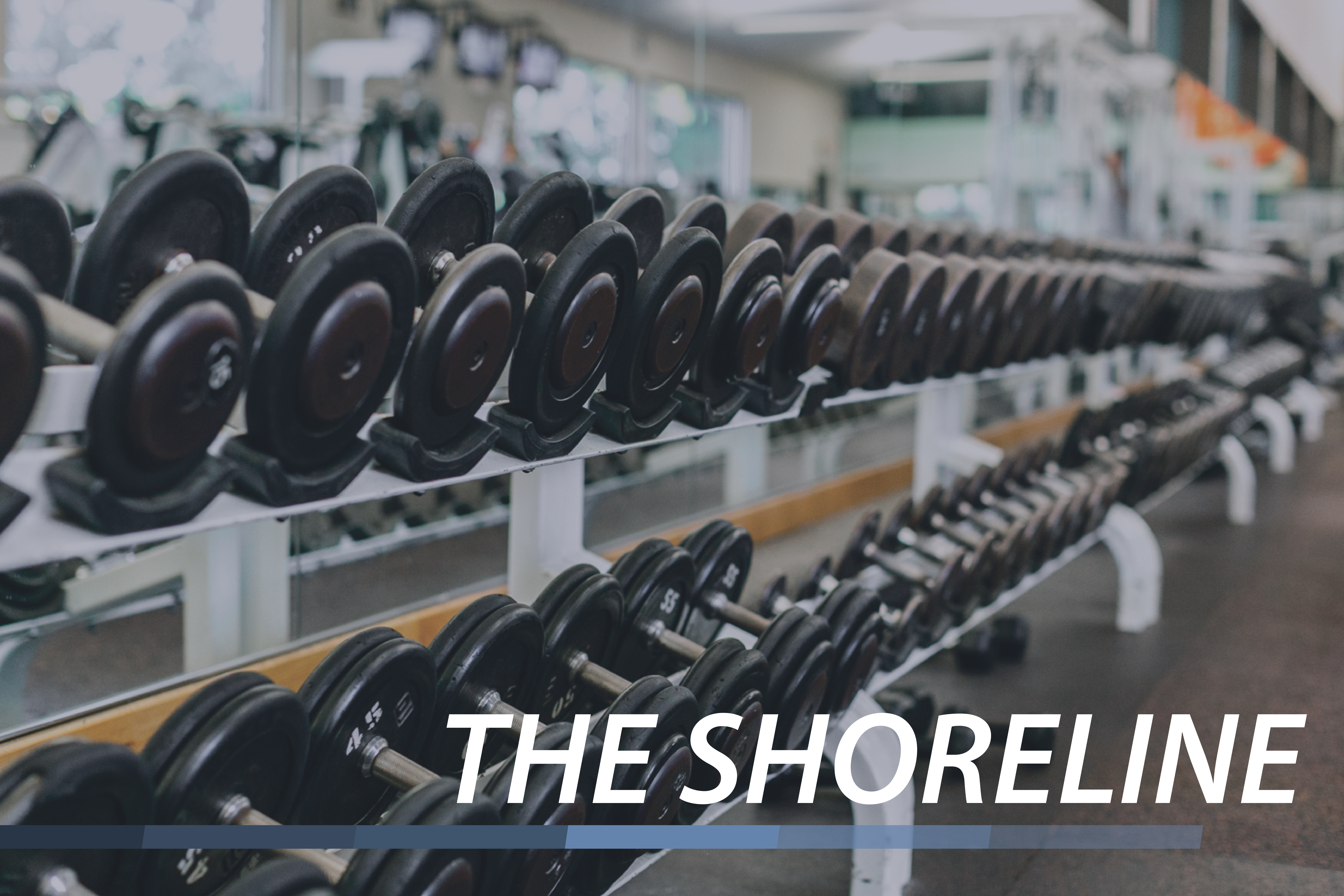 Racks of free weights with the words The Shoreline present.