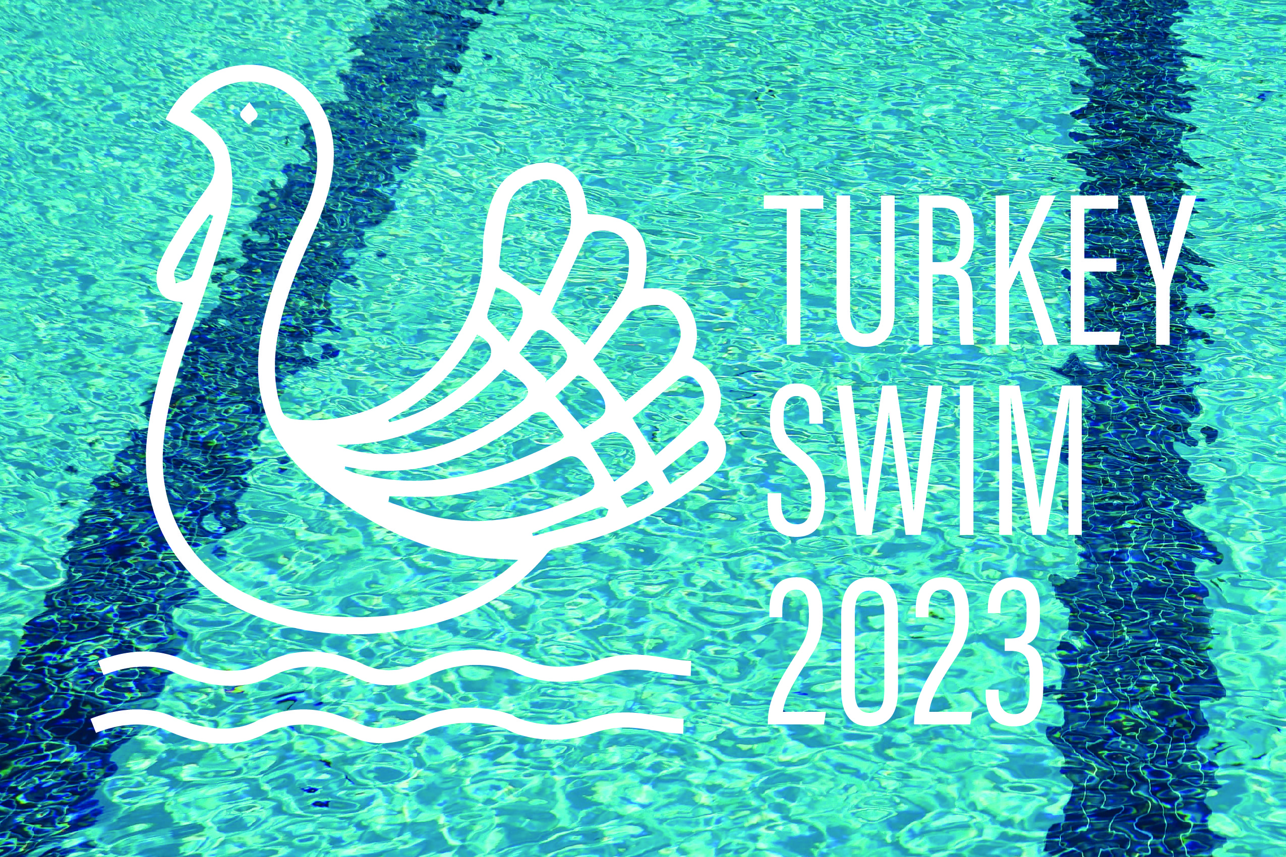 Abstract water background of blue lap pool with turkey swim logo and simple white outline of turkey.
